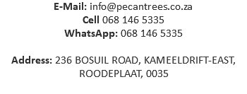 E-Mail: info@pecantrees.co.za Cell 068 146 5335 WhatsApp: 068 146 5335 Address: 236 BOSUIL ROAD, KAMEELDRIFT-EAST, ROODEPLAAT, 0035 